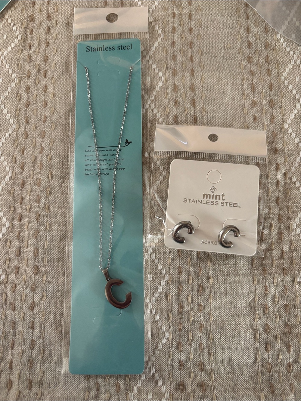 Mint Silver Crescent 'C' Necklace and Earring Set